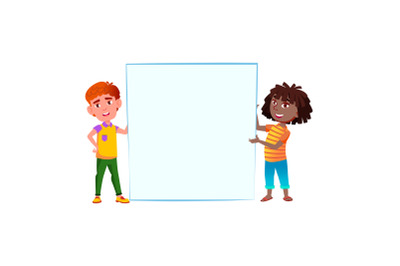 school boy and girl with empty banner vector