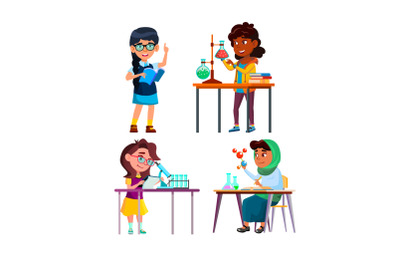 school kid girl scientist set vector