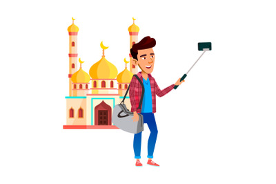 Schoolboy Make Selfie On Smartphone Camera Vector