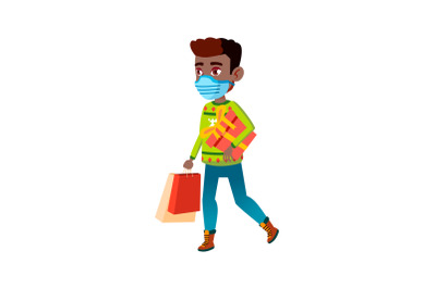 School Boy Wearing Facial Mask In Mall Vector