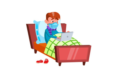 School Boy Wearing Facial Mask In Bedroom Vector