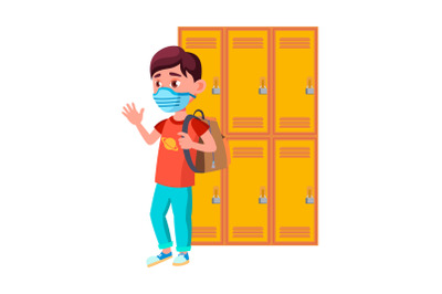 Schoolboy Wearing Mask In School Corridor Vector