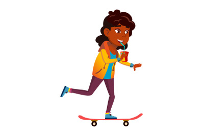 Schoolgirl Riding Skateboard And Drinking Vector