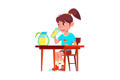 Schoolgirl Drinking Lemonade On Breakfast Vector