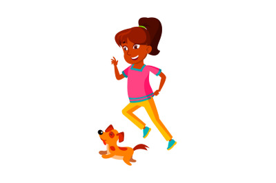 Schoolgirl Running With Dog Animal Outdoor Vector