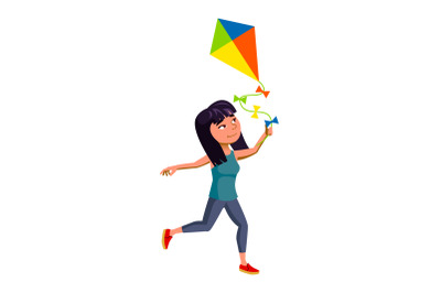 Schoolgirl Running With Air Kite Outside Vector