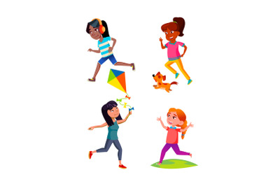 School Girls Teenagers Running Outdoor Set Vector