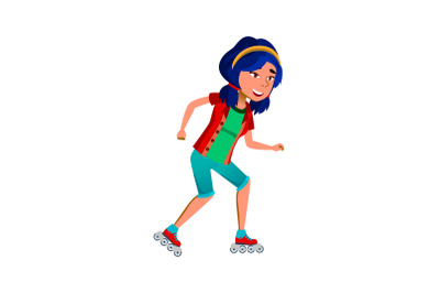 School Girl Riding Roller Skates Outdoor Vector