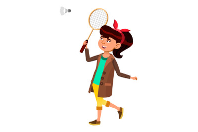 School Girl Playing Badminton Sport Game Vector