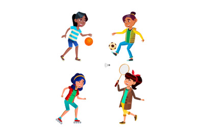 School Girls Playing Sport Game Active Set Vector