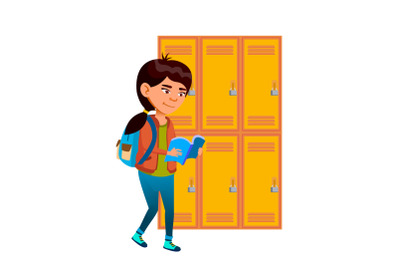 Schoolgirl Reading Book In College Corridor Vector