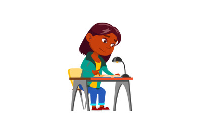 Schoolgirl Reading Educational Book At Home Vector