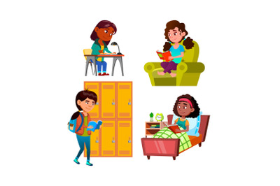 School Girls Children Reading Book Set Vector