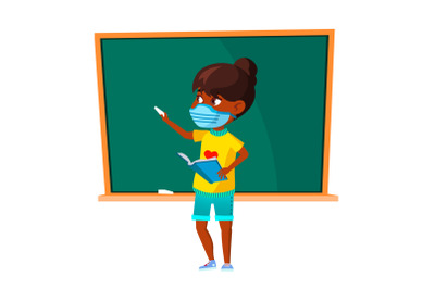 School Girl Wearing Facial Mask At Lesson Vector