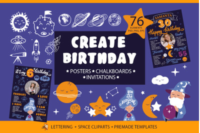 Create space birthday posters. Moon party