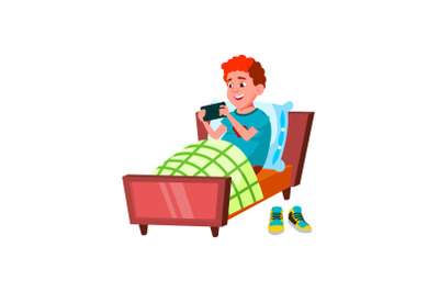 teen boy using mobile smartphone bed vector