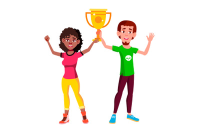 Teen boy girl with trophy cup vector