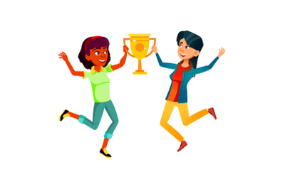 Teen boy girl with trophy cup vector