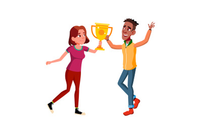 Teen boy girl with trophy cup vector