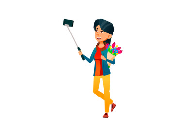 Girl Teenager Make Video On Phone Camera Vector