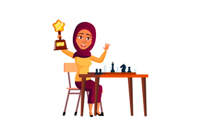 Happy teen girl with trophy award vector