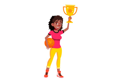 Win teen girl with trophy award vector