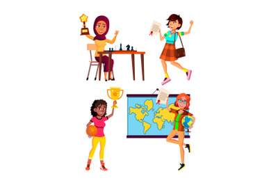 Teen girl with trophy award set vector