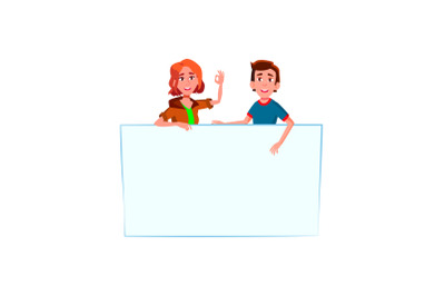 Boy And Girl Students Holding Blank Banner Vector