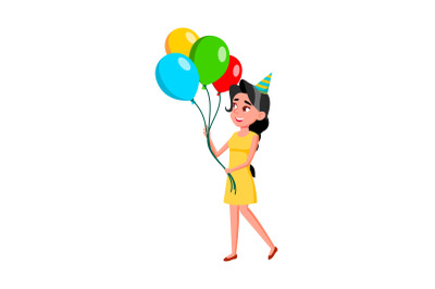 Girl Teen Walking With Air Balloons Bunch Vector