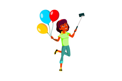 Girl Teen Make Selfie With Air Balloons Vector