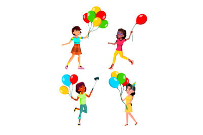 Teens Girls Walking With Air Balloons Set Vector