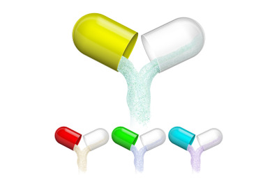 Pharmacy Medicament Opened Capsules Set Vector