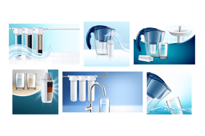 Water Filter Creative Promotion Posters Set Vector