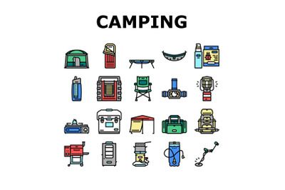 Camping Equipment And Accessories Icons Set Vector