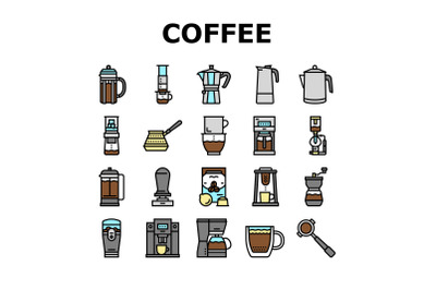 Coffee Make Machine And Accessory Icons Set Vector