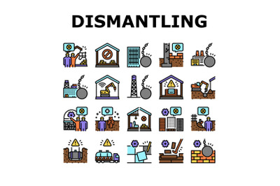 Dismantling Construction Process Icons Set Vector