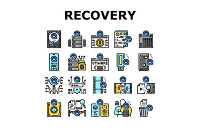 Data Recovery Computer Processing Icons Set Vector