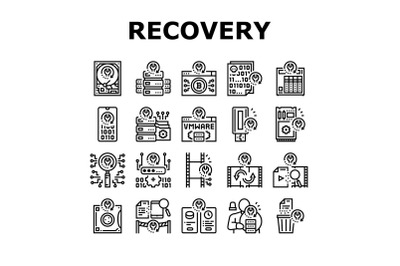 Data Recovery Computer Processing Icons Set Vector