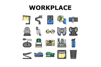 Workplace Accessories And Tools Icons Set Vector