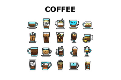 Coffee Types Energy Morning Drink Icons Set Vector