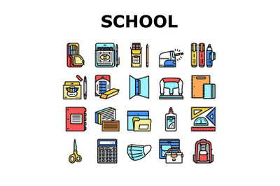 School Supplies Stationery Tools Icons Set Vector