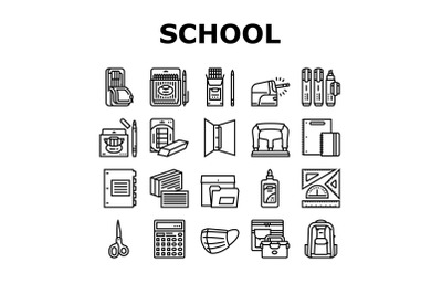 School Supplies Stationery Tools Icons Set Vector