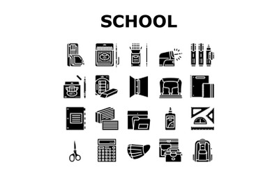 School Supplies Stationery Tools Icons Set Vector