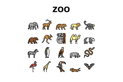 Zoo Animals, Birds And Snakes Icons Set Vector