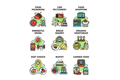 Nutrition Shopping Set Icons Vector Illustrations