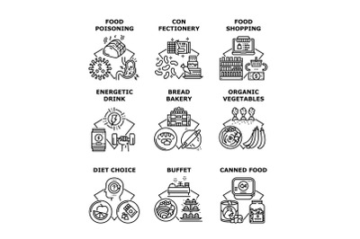 Nutrition Shopping Set Icons Vector Illustrations