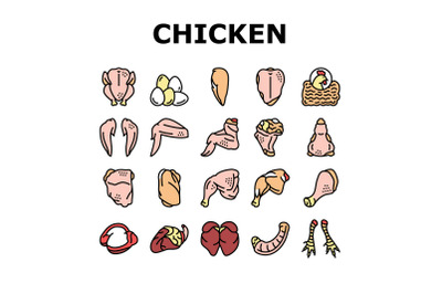 Chicken Animal Farm Raw Meat Food Icons Set Vector