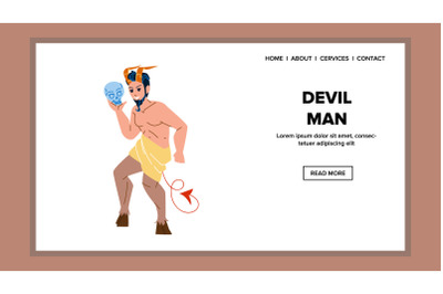 Devil Man With Horns Holding Human Skull Vector