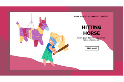 Girl Kid Hitting Horse Pinata On Party Vector