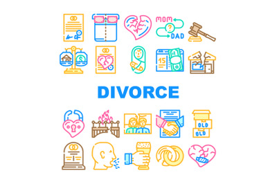 Divorce Couple Canceling Marriage Icons Set Vector